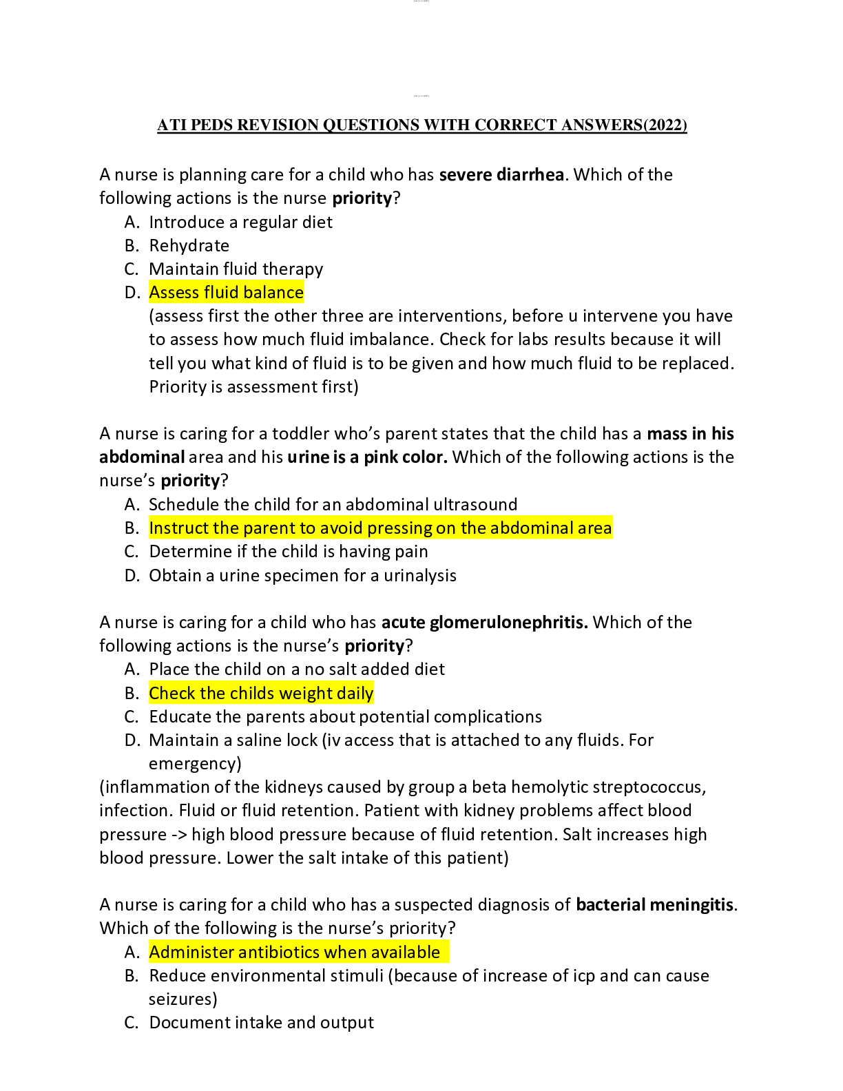 Preview image for ATI PEDS REVISION QUESTIONS WITH CORRECT ANSWERS(2022)